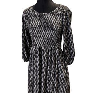 Croft & Barrow Womens Black & White Smocked Midi Dress With 3/4 Sleeves & Pocket